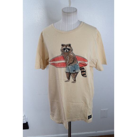 Picture T Shirt Mens XL Short Beige Casual Organic Cotton Crew Neck Surf Racoon - Picture 1 of 6